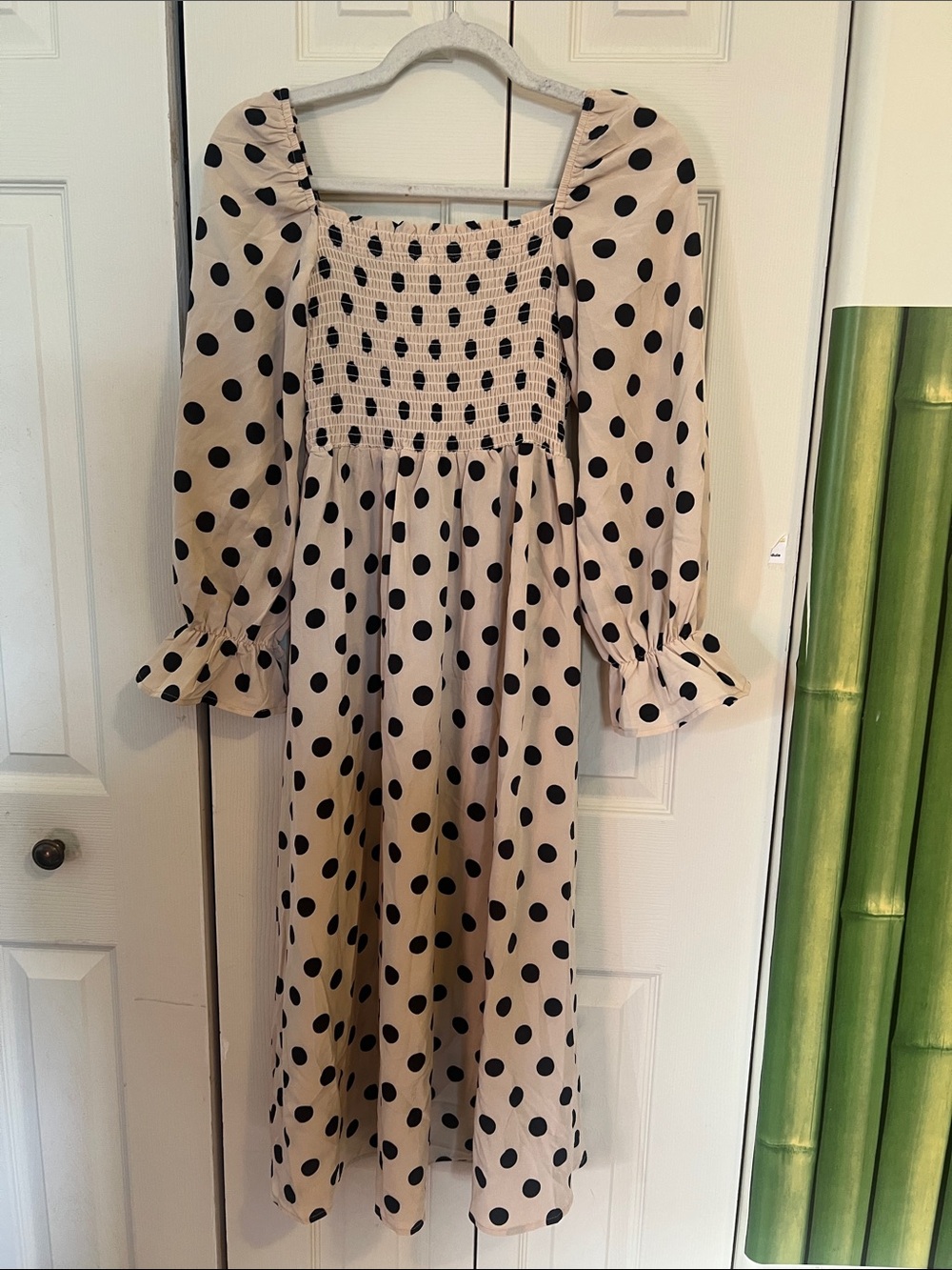 Polka Dot Smocked Midi Dress - Beige/Black
